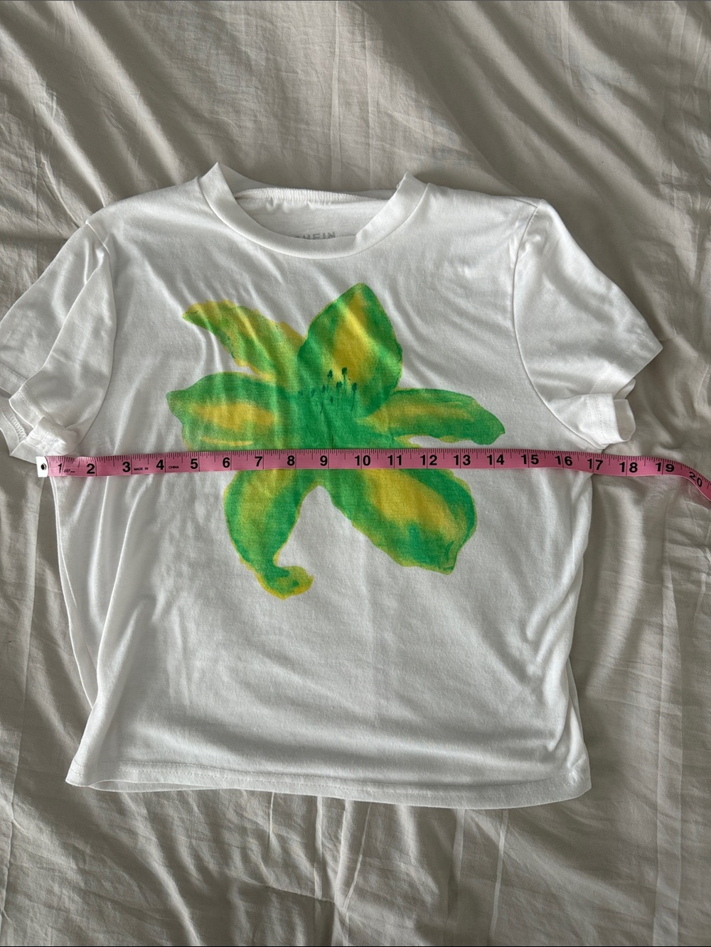 SHEIN White Crop Tee with Green & Yellow Floral Print